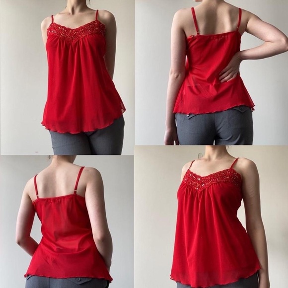 Lipstick Red Lettuce Edge Sequin Cami - Picture 4 of 4